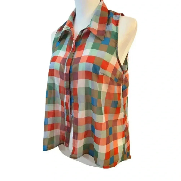 TRAMP buttonup sheer colorful checkerboard sleeveless shirt size m - Picture 1 of 9